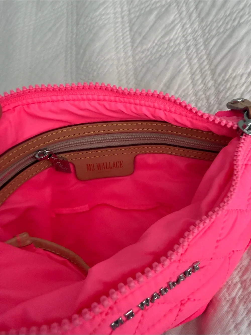 MZ Wallace Flat Metro Quilted Crossbody Bag Neon Hot Pink Italian Leather Accent